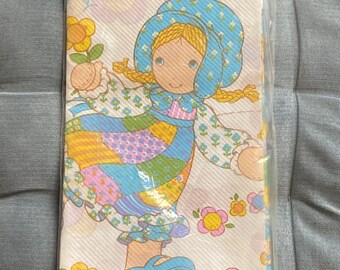 Vintage American Greeting Paper Tablecover / Flores. Niña. Patchwork / 54x96" / Azul Púrpura Amarillo Naranja Rosa