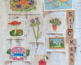 15 pegatinas vintage hechas a mano - Páginas recortadas - Animales, pájaros, flores y niños - Álbum de recortes, diario, collage, colección - Reutilizado