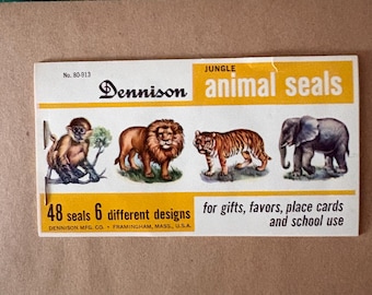 Sellos de animales de la selva vintage de Dennison: león, mono, elefante, tigre, hipopótamo, jirafa (48 sellos/pegatinas en total)