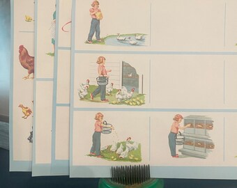 Cuatro páginas vintage de libros de trabajo para niños de gran tamaño - Ephemera Collage Journal Scrapbook - Color y blanco y negro