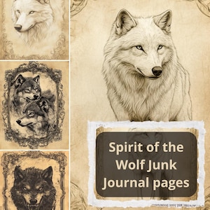 May include: A collection of vintage-style journal pages featuring detailed illustrations of wolves. The pages have a sepia tone and are framed with ornate borders. The text "Spirit of the Wolf Junk Journal pages" is displayed.