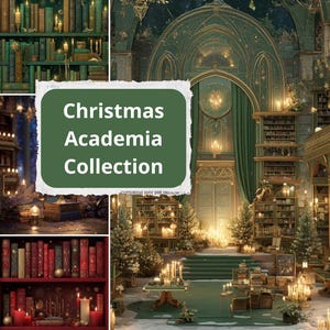 May include: A collage of images featuring a Christmas Academia Collection. The images showcase cozy library settings with bookshelves, candles, and Christmas trees. The text "Christmas Academia Collection" is displayed on a green background.
