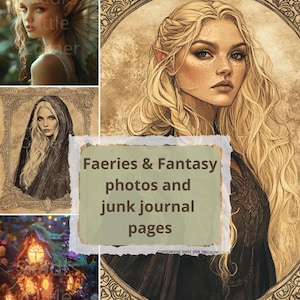 May include: A collection of fantasy images featuring a woman with blonde hair and pointed ears, a fairy with a floral crown, and a fairy house. The text "Faeries & Fantasy photos and junk journal pages" is displayed on a torn paper background.