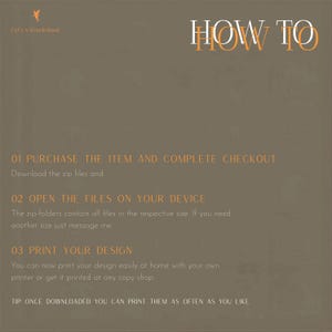 May include: A graphic with the text "HOW TO" in white and orange. Instructions include purchasing, opening files, and printing a design. The background is a textured brown.