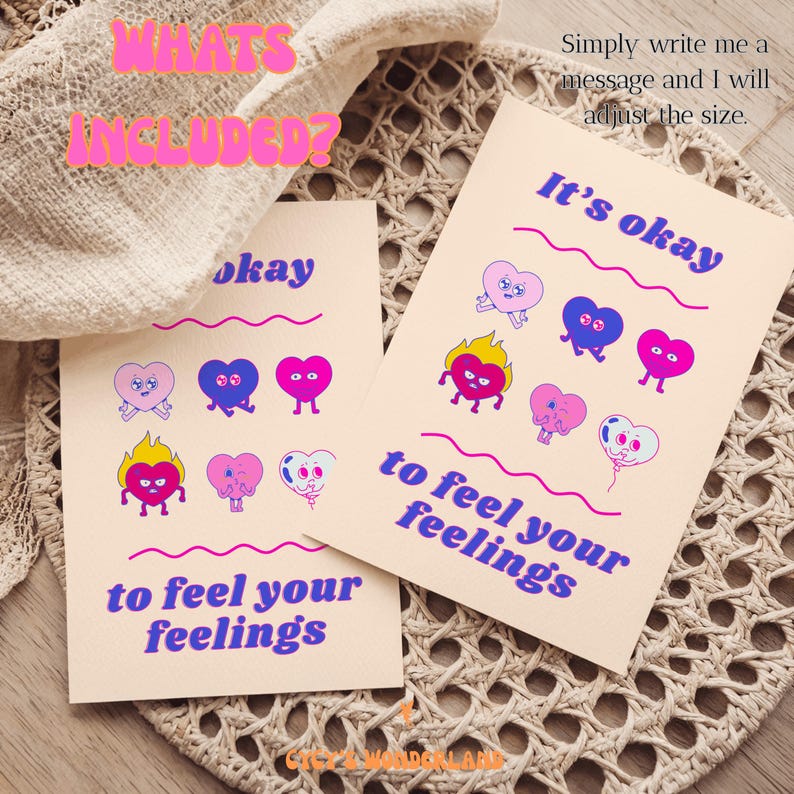 May include: Two beige cards with the text "It's okay to feel your feelings" and "okay" in blue. Each card features cartoon hearts with different expressions. The phrase "What's Included?" is in pink.