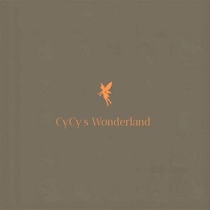 May include: A square, muted brown background with the text "CyCy's Wonderland" in orange. Above the text is an orange silhouette of a fairy with outstretched wings, adding a whimsical touch to the design.