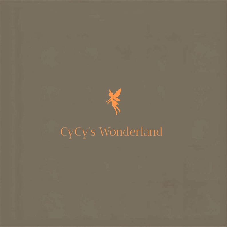 May include: A square, muted brown background with the text "CyCy's Wonderland" in orange. Above the text is an orange silhouette of a fairy with outstretched wings, adding a whimsical touch to the design.