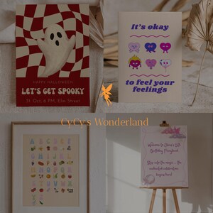 May include: A collection of greeting cards and signs. One card features a ghost on a red and white checkered background with the text "Happy Halloween, Let's Get Spooky". Another card says "It's okay to feel your feelings". A framed alphabet poster and a birthday sign are also shown.