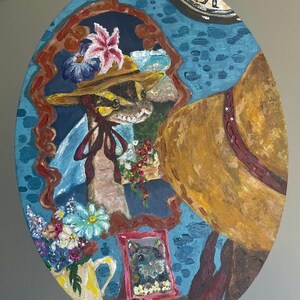 May include: Oval painting of a snake in a hat looking in a mirror. The mirror shows the snake wearing a hat and flowers. A yellow jug with flowers and a framed picture of a cat are also in the painting.