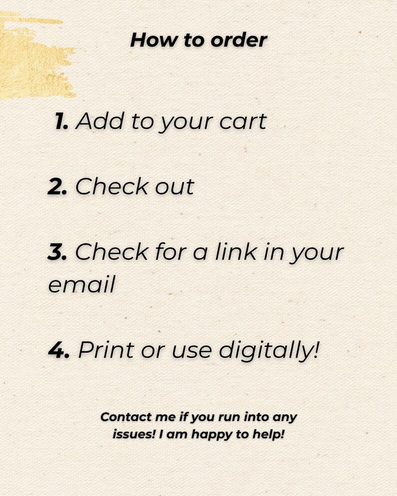 K&ouml;nnte beinhalten: Cremefarbene Grafik mit dem Text &bdquo;Bestellvorgang&ldquo; und nummerierten Schritten: In den Warenkorb legen, Zur Kasse gehen, Nach einem Link in Ihrer E-Mail suchen und Drucken oder digital verwenden! Enth&auml;lt eine Kontaktmitteilung.