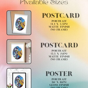May include: Image displaying available sizes for art prints. Includes postcard options (11 x 14 cm and 16.5 x 18 cm) with matte finish, and a poster option (30 x 41 cm) with gloss finish. All are portrait orientation and unframed.