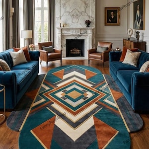 Könnte beinhalten: Ein geometrisch gemusterter Teppich in Türkis und Rost in einem Wohnzimmer. Der Teppich hat ein zentrales Rautenmuster mit goldenen Akzenten, umgeben von einem türkisfarbenen Rand. Der Raum umfasst blaue Sofas, braune Ledersessel und einen Marmorkamin.