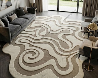 Modern beige en crèmekleurig abstract handgetuft tapijt met onregelmatige organische vormen, handgemaakt in neutrale golven, eigentijds sculpturaal vloerkleed voor de woonkamer.