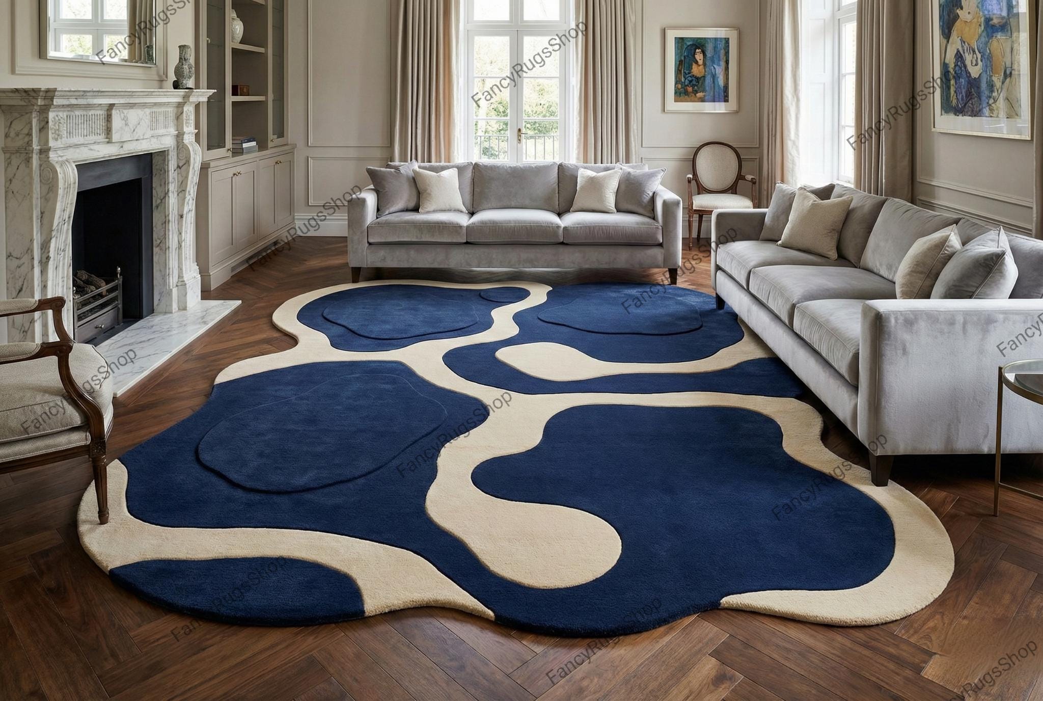 Abstract Hand Tufted Navy Blue & White Modern Irregular Shape Organic ...