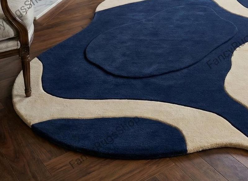 Abstract Hand Tufted Navy Blue & White Modern Irregular Shape Organic ...