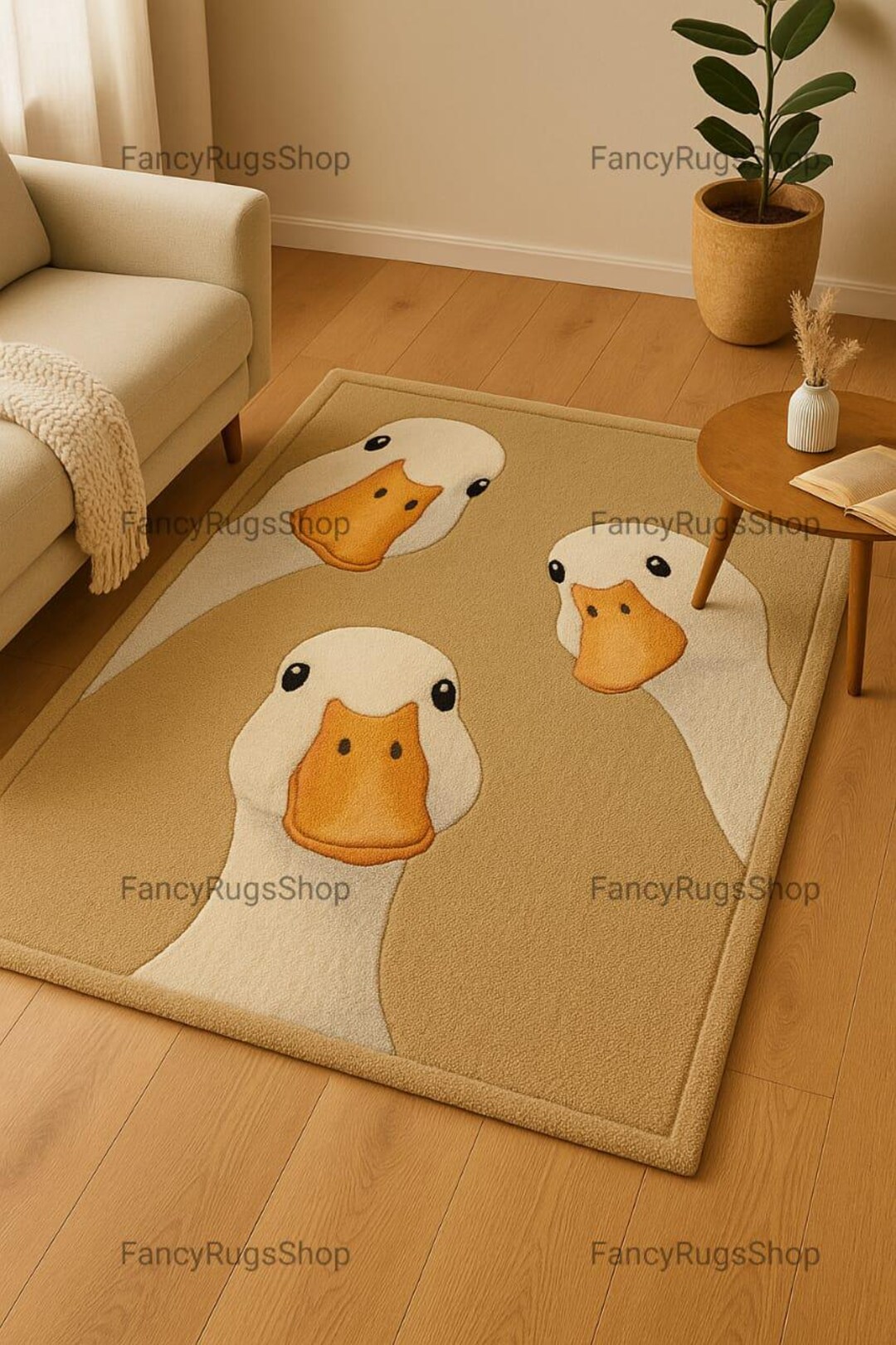 Pink Duck Rug Hand Tufted Cute Duck Animal Themed Beige and White Funny Goose Duck ...