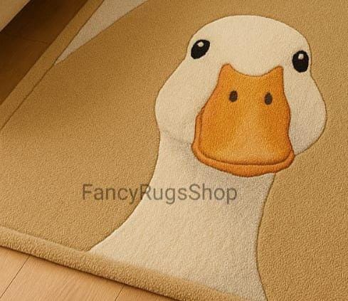 Hand Tufted Cute Duck Animal Themed Beige and White Funny Goose