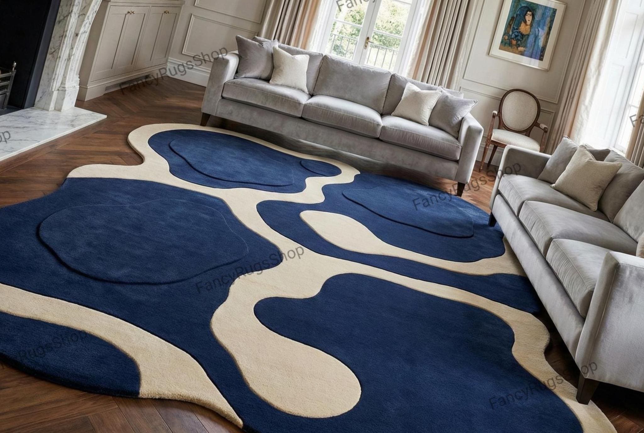 Abstract Hand Tufted Navy Blue & White Modern Irregular Shape Organic ...