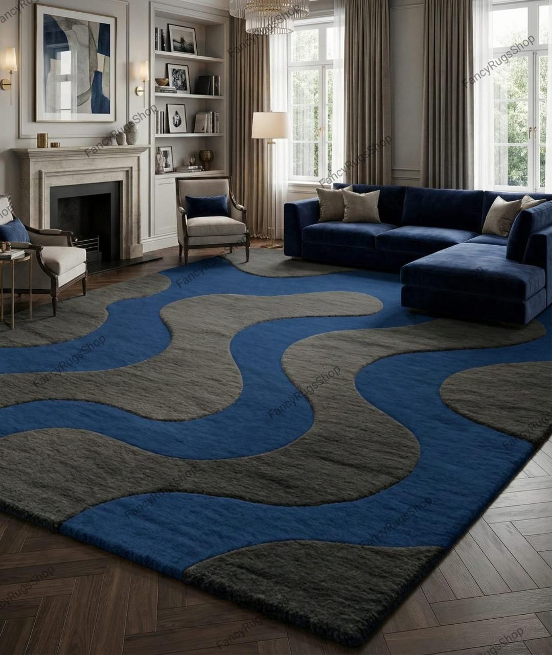 Blue and Gray Hand Tufted Abstract Area Rug Modern Wave Pattern ...