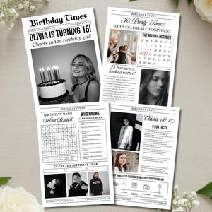 Verjaardagskrant canvassjabloon, bewerkbare verjaardagskrant poster, afdrukbaar feestprogrammabord, aangepaste krantenroute