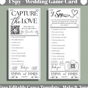 May include: Two black and white wedding game cards with the text "I Spy" and "Capture the Love". The cards include a list of prompts for guests to take photos and videos. The cards are decorated with hearts and wedding-themed illustrations.