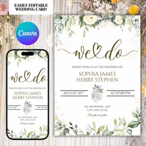 Puede incluir: Un diseño de invitación de boda con las palabras "we do" en escritura elegante. La invitación incluye los nombres Sophia James y Herry Stephen, junto con la fecha y la hora. El diseño incorpora elementos florales y verdes.