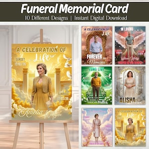 May include: A collection of ten digital funeral memorial card designs featuring various portraits of individuals set against celestial backgrounds with golden gates, clouds, and doves. Each card includes text such as A Celebration of Life.