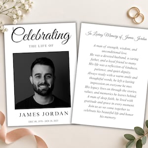 May include: A memorial card set featuring a black and white portrait of a man with a beard. The left card reads Celebrating The Life Of James Jordan Dec 08, 1978 - Jan 18, 2025. The right card reads In Loving Memory of James Jordan with a tribute text.