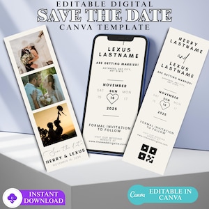 Editable Photo Strip Save the Date Template, Modern Minimalist Wedding Invitation, DIY Photo Booth Style, Canva Template with QR Code