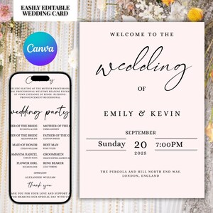 Könnte beinhalten: Eine rosa Hochzeitseinladung mit eleganter Schrift, mit den Worten "Willkommen zur Hochzeit von Emily & Kevin". Details umfassen Datum, Uhrzeit und Ort in London, England. Ein Telefon zeigt eine Hochzeitsgesellschaftsliste.