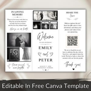 May include: A tri-fold wedding program template in black and white. The left panel features an In Loving Memory section with photos. The center panel displays Welcome to Our Wedding for Emily and Peter. The right panel includes a QR code.