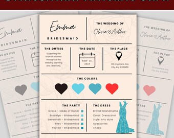 Bridesmaid Info Card Template Editable in Canva, Wedding Party Details Card, Maid of Honor Guide, Bridesmaid Proposal