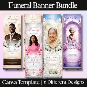 Può includere: Una collezione di quattro modelli di banner funebri verticali con il testo "In Loving Memory", accenti floreali e segnaposto per fotografie e nomi. I design includono simboli religiosi, colombe e citazioni commemorative su vari sfondi.