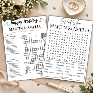 Może przedstawiać: Dwie białe papierowe karty z grami weselnymi, zawierające czarny tekst i rysunki liniowe. Jedna karta to krzyżówka zatytułowana Happy Wedding Martin & Amelia, a druga to wykreślanka z datą 10.02.2026.