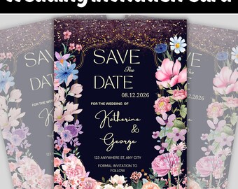 Floral Save The Date Template, Editable Wedding Invitation Canva, Wildflower Wedding Card Digital Download