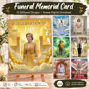 May include: A digital funeral memorial card template featuring a golden heaven-themed background with white doves and gates. The design includes placeholders for a person's photo, name, and dates, with ten distinct layout variations included.