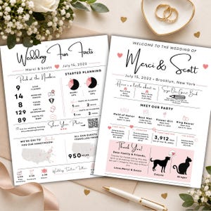 May include: Two white wedding program cards featuring black text and pink accents. The left card displays Wedding Fun Facts, statistics, and a map. The right card shows Welcome to the Wedding of Merci & Scott, wedding party details, and silhouettes of a dog and cat.