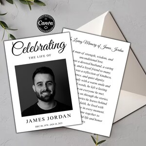 May include: A memorial card with a black and white photo of a man, James Jordan, and the dates Dec 08, 1978 - Jan 18, 2025. The card reads "Celebrating the Life of" in elegant script. A second card contains a loving memory message.