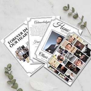 May include: A collection of memorial cards with black text and decorative borders. One card reads "Forever in Our Heart" and another "Honor the Life." The cards feature photos and text, including the name "Oliver" and a date.