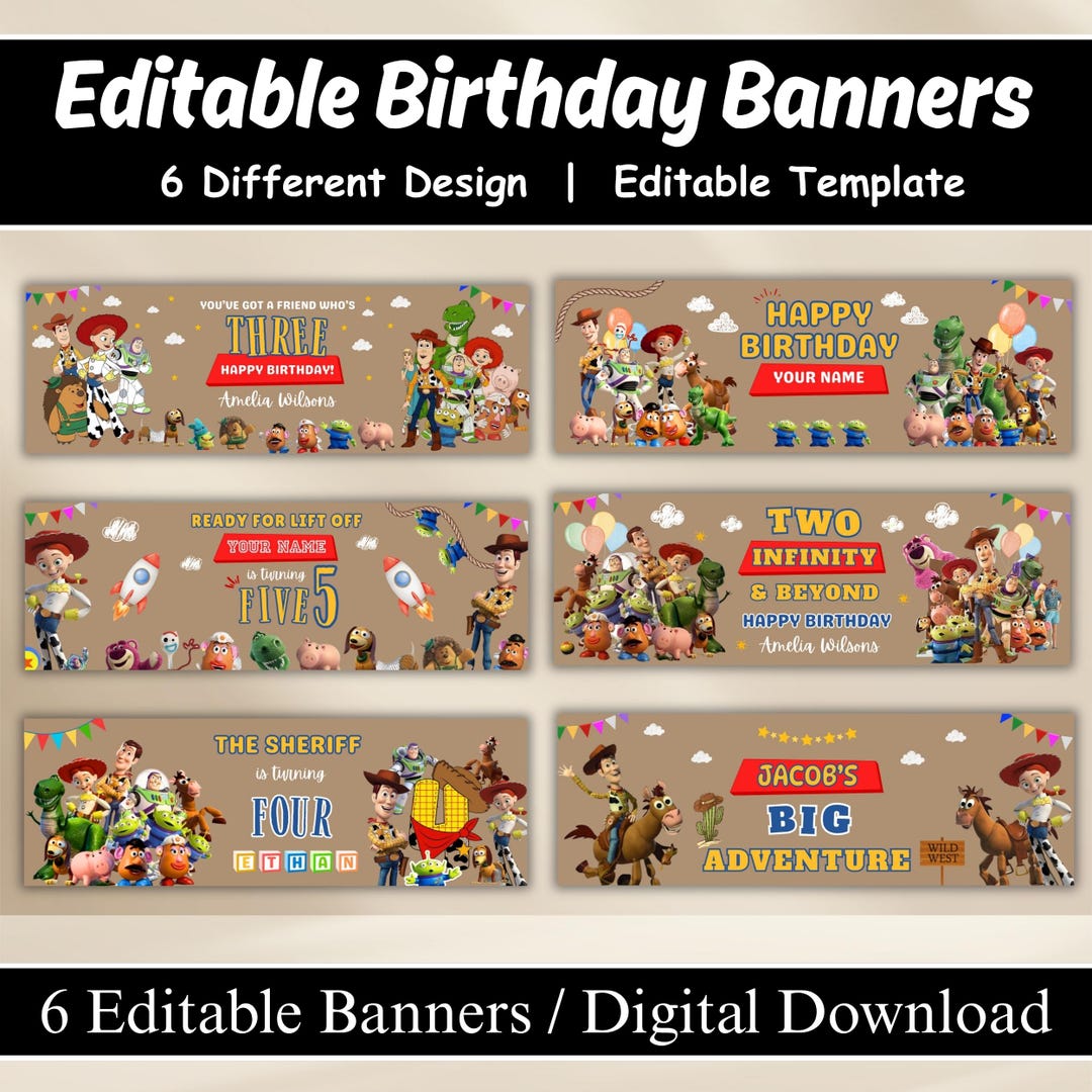 Toy Birthday Banner Template, Editable Cowboy Space Party Sign Bundle, Kids Story Theme Ca