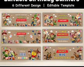 Toy Birthday Banner Template, Editable Cowboy Space Party Sign Bundle, Kids Story Theme Canva Printable Banner