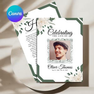 May include: A memorial card with a photo of a man, framed by an ornate border. The text reads "Celebrating the Life of Oliver Thomas, Jun 19, 1960 - Nov 10, 2025." The design includes white floral accents and a green border.
