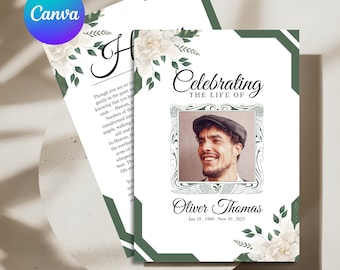 Puede incluir: Tarjeta conmemorativa con foto de hombre, enmarcada con borde ornamental. El texto dice: "Celebrating the Life of Oliver Thomas, Jun 19, 1960 - Nov 10, 2025." El diseño incluye flores blancas y un borde verde.