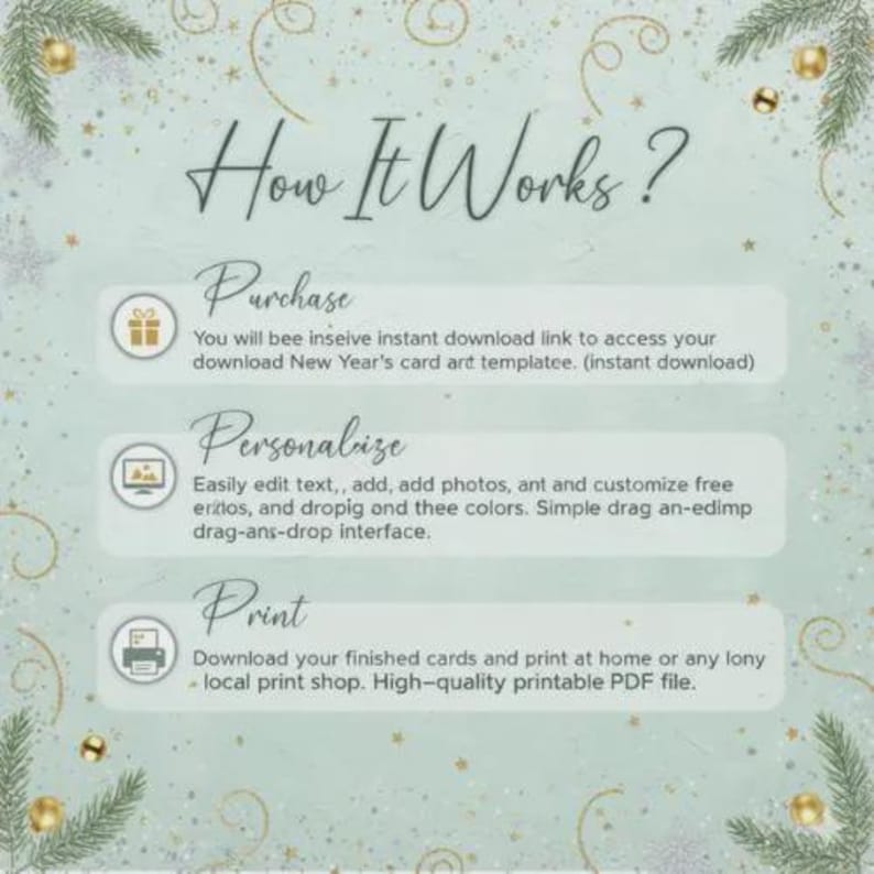 May include: A light green informational graphic titled How It Works? with gold star and pine branch accents. It outlines three steps: Purchase, which provides an instant download link; Personalize, for editing text and photos; and Print, for home or local printing.