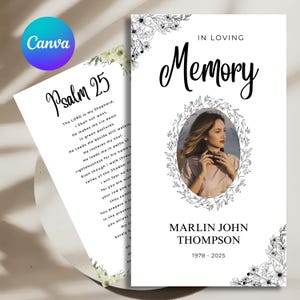 Puede incluir: Una tarjeta conmemorativa blanca con el texto "In Loving Memory" y una foto de una mujer. La tarjeta incluye el nombre Marlin John Thompson y los años 1978-2025. Una segunda tarjeta muestra el Salmo 25.