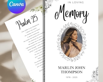 Puede incluir: Una tarjeta conmemorativa blanca con el texto "In Loving Memory" y una foto de una mujer. La tarjeta incluye el nombre Marlin John Thompson y los años 1978-2025. Una segunda tarjeta muestra el Salmo 25.
