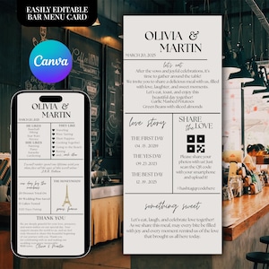 May include: A wedding menu card with the names Olivia & Martin, featuring a modern design. The card includes the wedding date, menu details, a QR code, and a section for sharing photos. The design is easily editable.