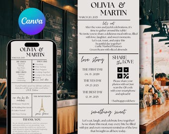 Wedding Menu Card Template: Fun Fact Timeline, QR Code (PDF)
