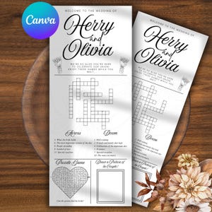 May include: Wedding activity sheets with crossword puzzles, a maze, and space to draw. The sheets are white with black text, including "Herry and Olivia" and "Welcome to the Wedding of." A Canva logo is in the upper left corner.