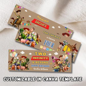 Toy inspired birthday banner set with balloons clouds and colorful party wording